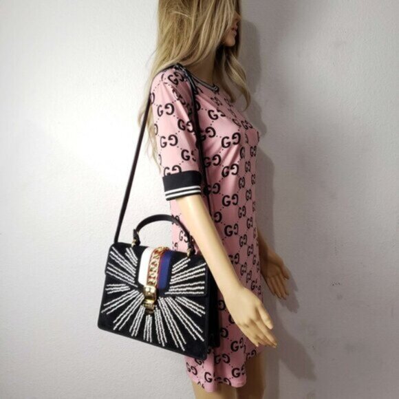 Gucci Sylvie Black Satin and Crystal Vintage Web Shoulder Bag 900-081323 - Picture 12 of 12